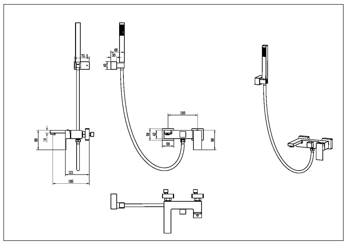 Смеситель для ванны с душевым гарнитуром Boheme Qubic Matt White 473-MW