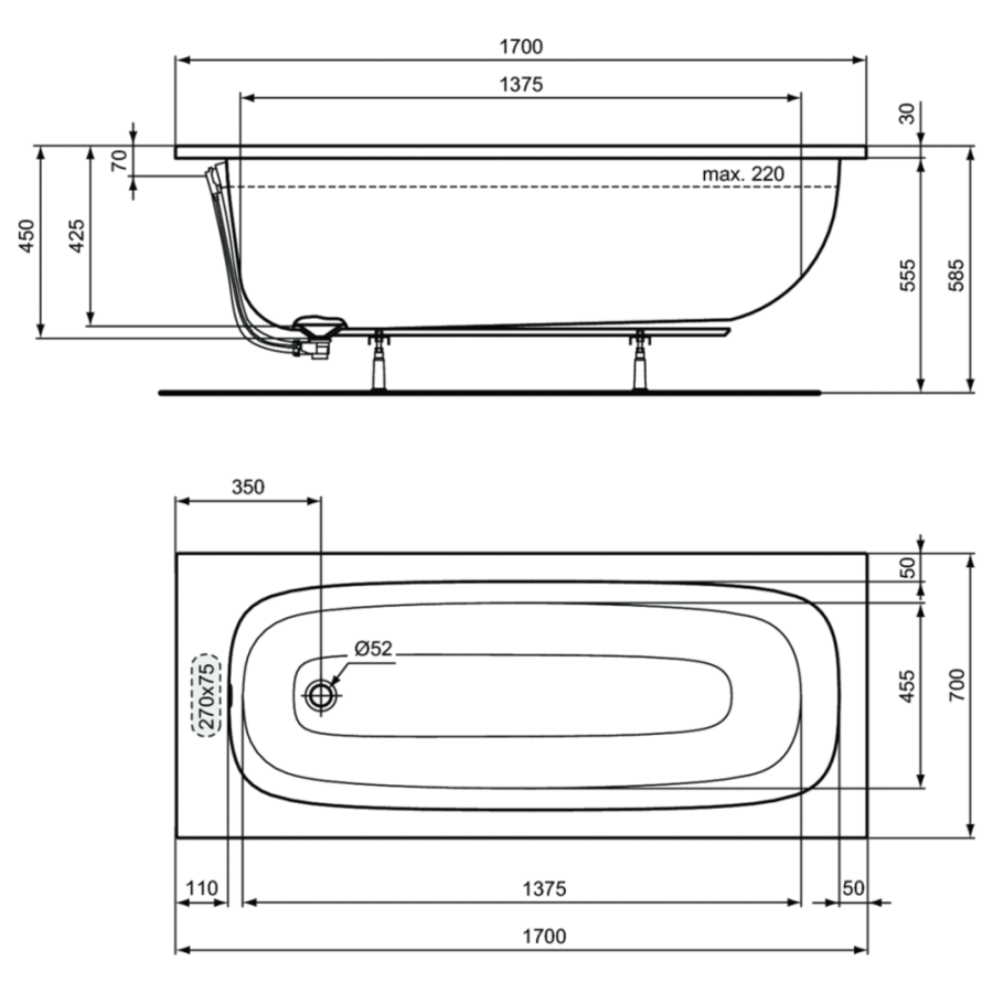 Ideal Standard i.life ванна акриловая прямоугольная 170х70 T475901