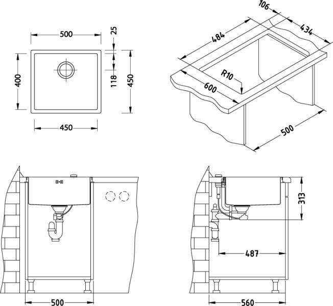 Мойка Alveus Quadrix 40 FS 1064352/1102605 нержавеющая сталь satin 50x45 см