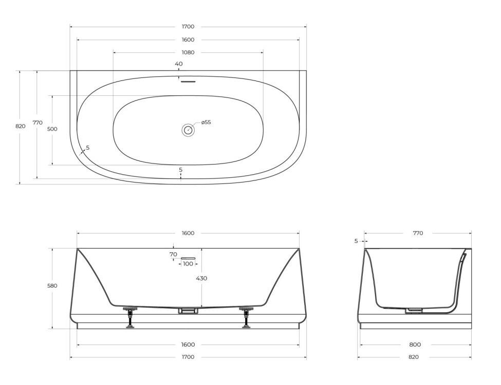 Ванна акриловая 170х82 Cezares CZR-LUX-WALL-170-80-58