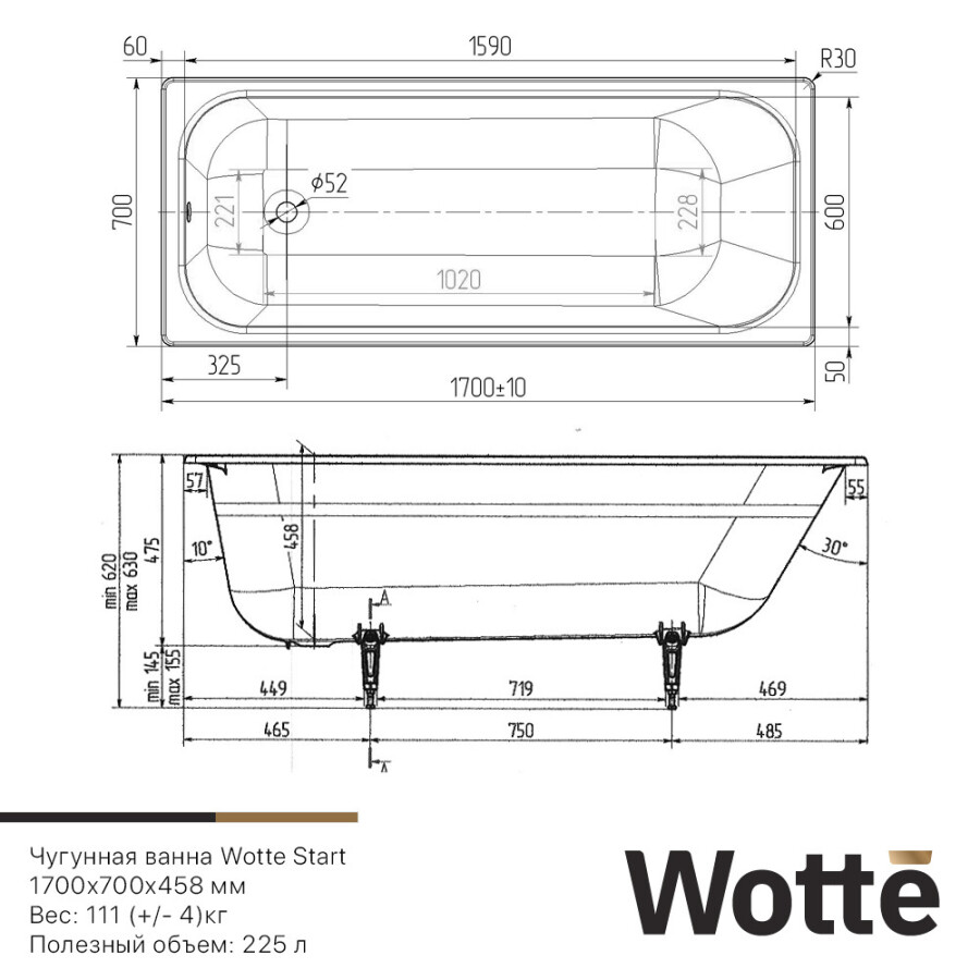Wotte Start 170*70 ванна чугунная прямоугольная c отверстиями для ручек