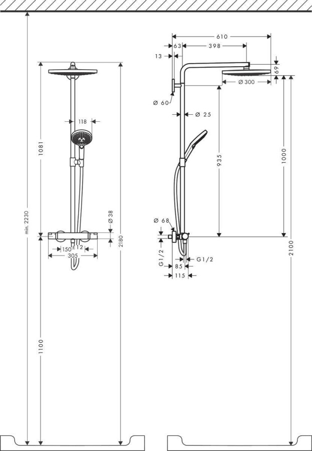 Hansgrohe Raindance Select S Showerpipe 300 2jet Душевой набор с термостатом хром-белый матовый 27133400