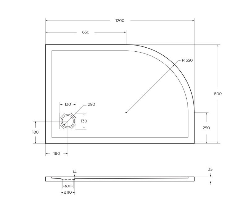 Поддон из искусственного мрамора правосторонний Belbagno TRAY-MR-UNO-RH-120/80-550-35-W-R-CR