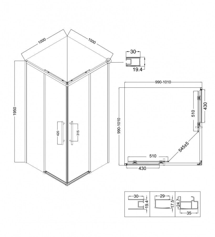 Душевое ограждение Niagara Nova NG-6830-34ВLACK (100х100х195) квадрат,черный матовый,двери раздвижные,стекло прозрачное,1 место