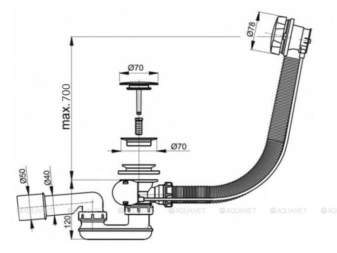 Слив-перелив для ванны Aquanet V55R 70 см черный 00323243