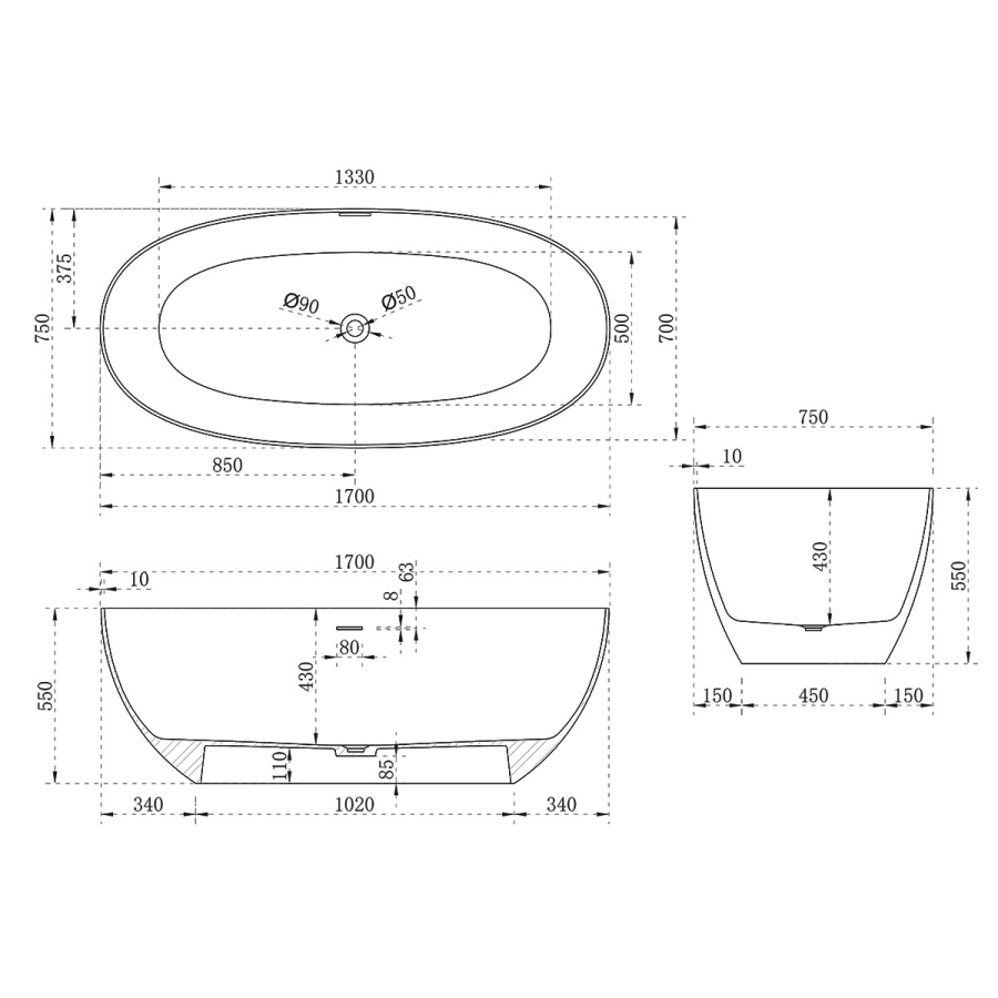 Vincea Solid Surface ванна 170х75 см белая матовая VBT-6S01MW