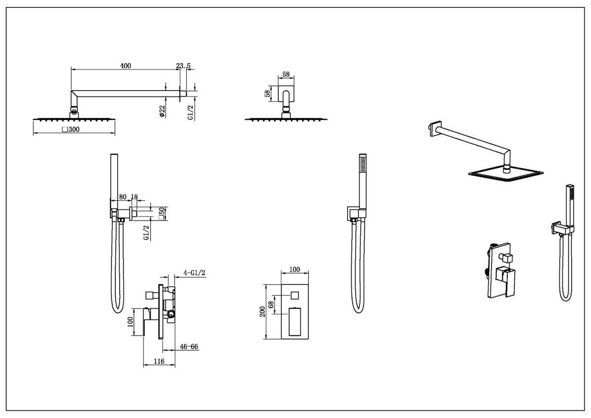 Душевая система без излива Boheme Qubic Matt Black 474-3-B