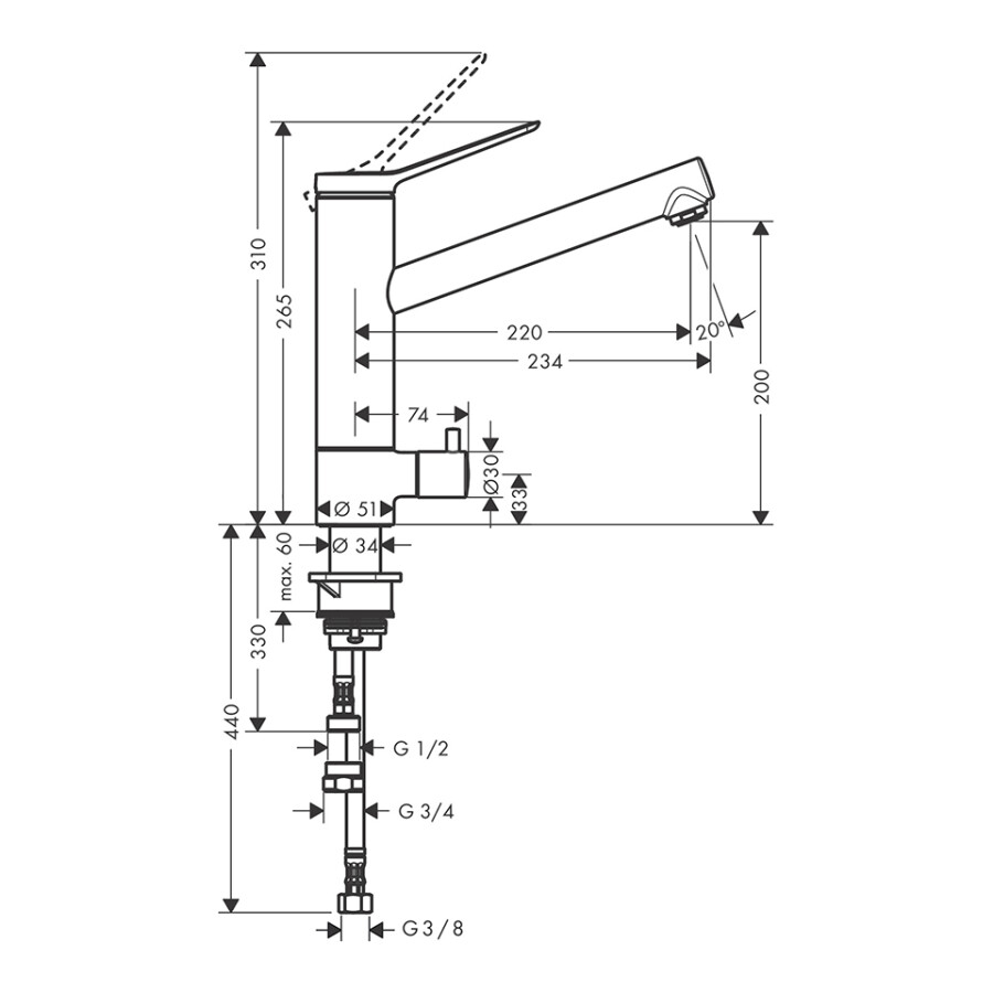 Hansgrohe Zesis M33 Кухонный смеситель 200 1jet c запорным вентилем хром 74808000