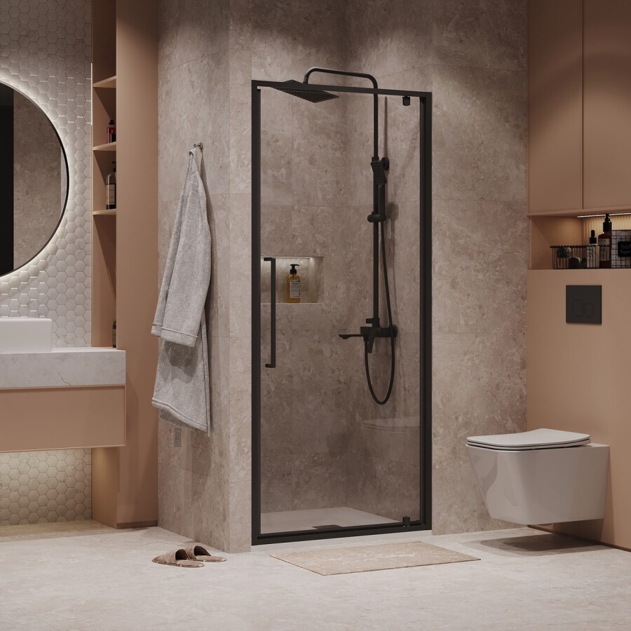 Дверь в нишу Niagara Nova NG-85-9AB (90х195) черный матовый,стекло прозрачное,дверь распашная,1 место