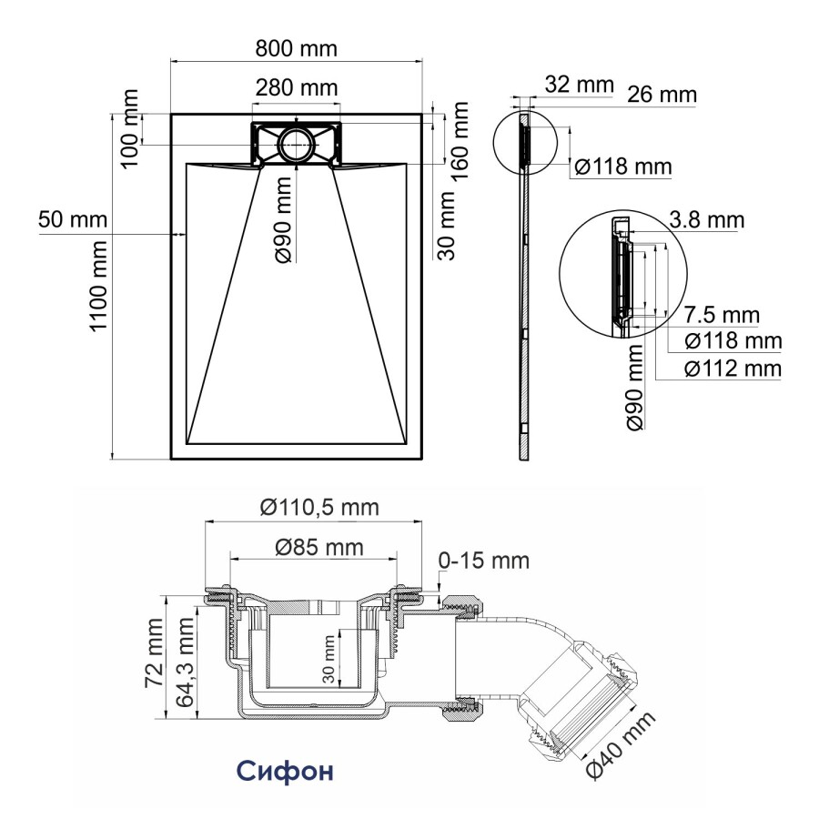 WasserKRAFT Main 41T14 душевой поддон стеклопластик 110*80*2,6