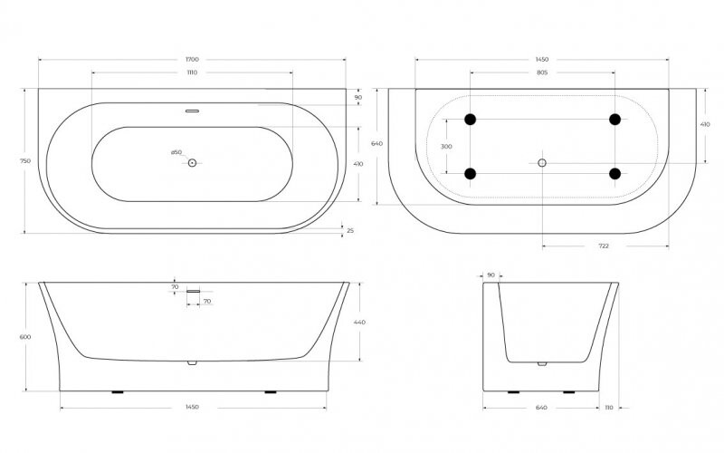 BelBagno BB711-1700-750 Акриловая ванна пристенная, полукруглая