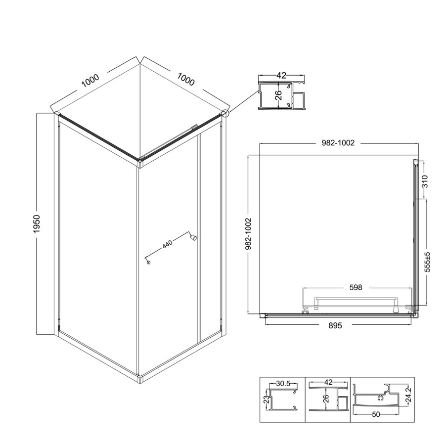 Душевое ограждение Niagara Nova NG-6835-34ВLACK (100х100х195) квадрат,черный матовый,двери раздвижные,стекло прозрачное,1 место