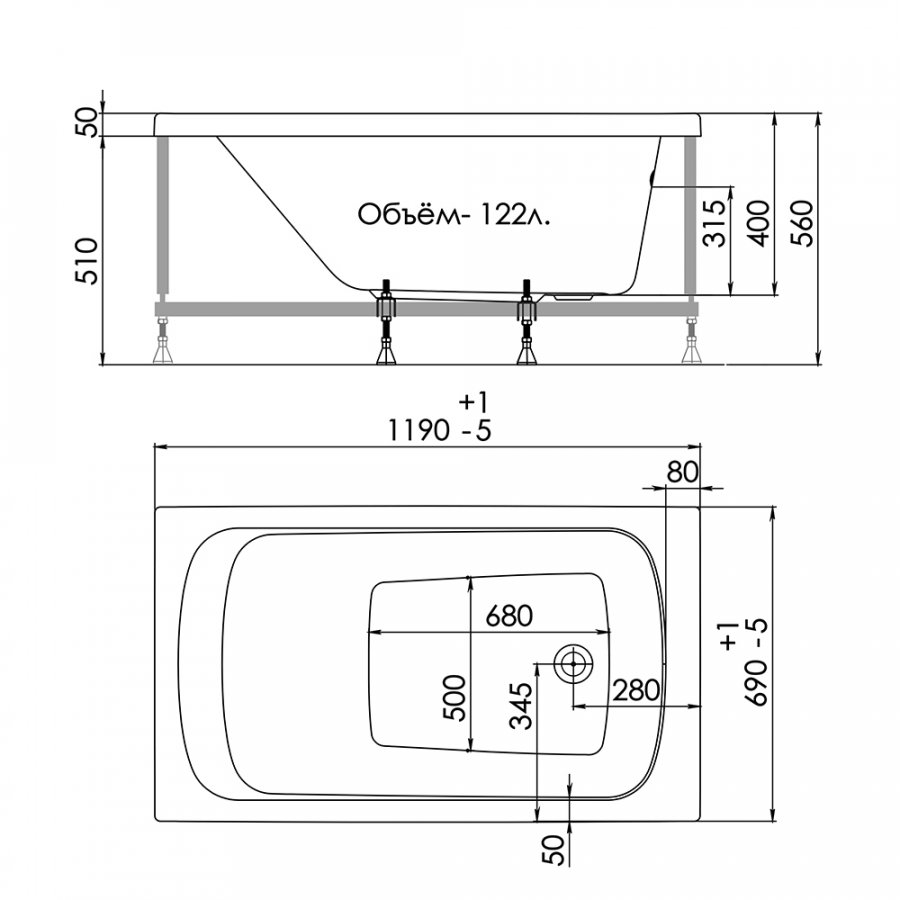 1ACReal Gamma ванна акриловая 120х70 BBA-GA127X0-00U