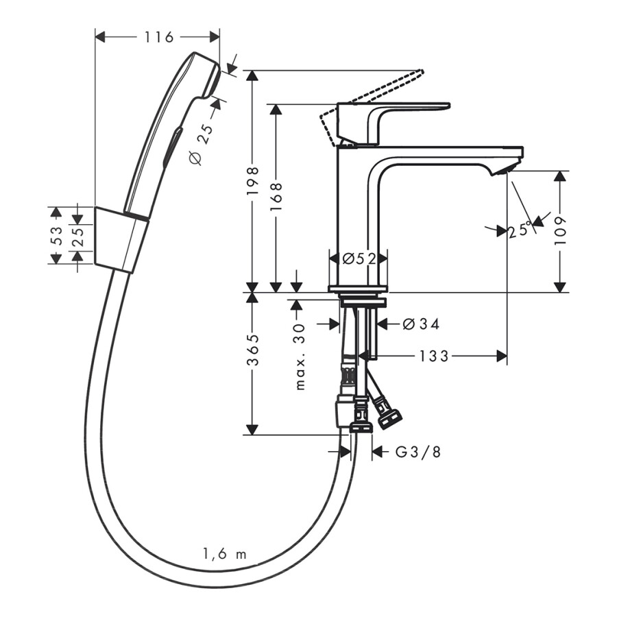 Hansgrohe Rebris E Смеситель для раковины 110 с гигиеническим душем и шлангом 160 см хром 72216000