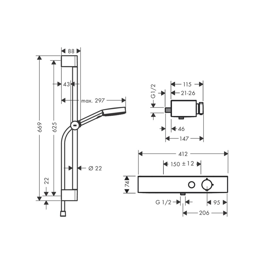 Hansgrohe Pulsify Select S Душевая система 105 3jet Relaxation с ручным душем, термостатом, штангой 65 см хром 24260000