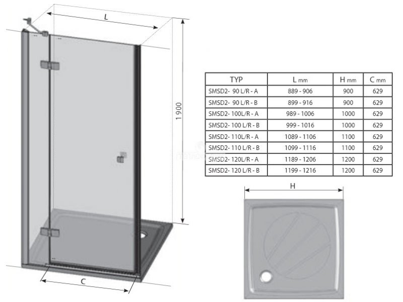 Ravak SmartLine SMSD2-90 Душевые двери 90*190 0SP7BA00Z1