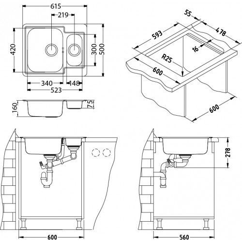 Мойка Alveus Line 50 1065676 нержавеющая сталь satin 61.5x50 см