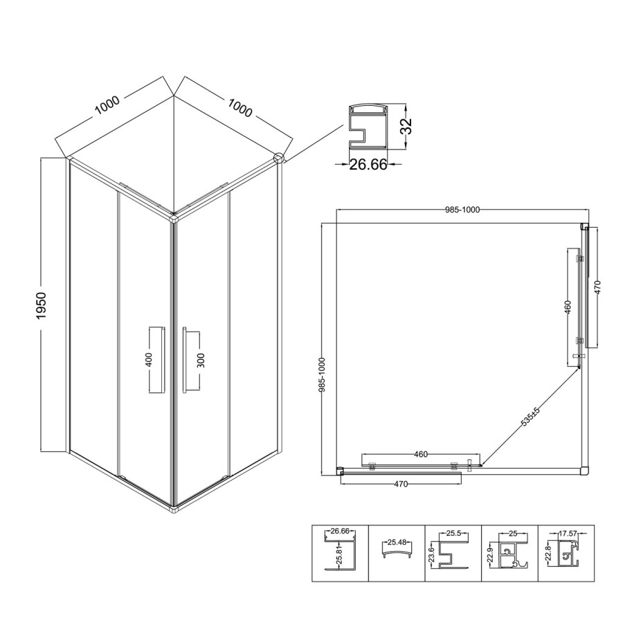 Душевое ограждение Niagara Nova NG-6824-34ВLACK (100х100х195) квадрат,черный матовый,двери раздвижные,стекло прозрачное,1 место