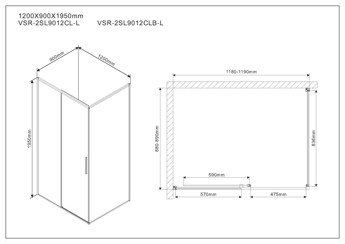 Vincea Slim душевой уголок VSR-2SL9012CLB-L 120х90 черный, стекло прозрачное