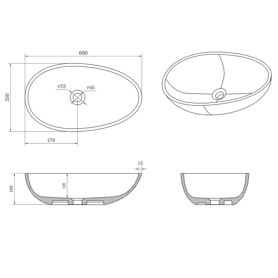 Azario раковина из искусственного камня 650x400x200 AZ-1216S