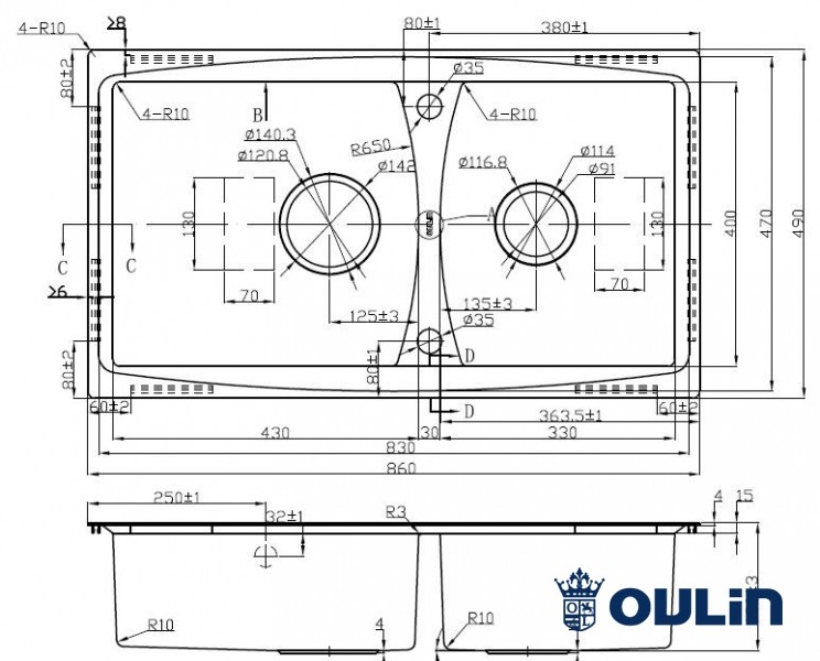 Oulin OL-S8203 кухонная мойка satin 86x49 см