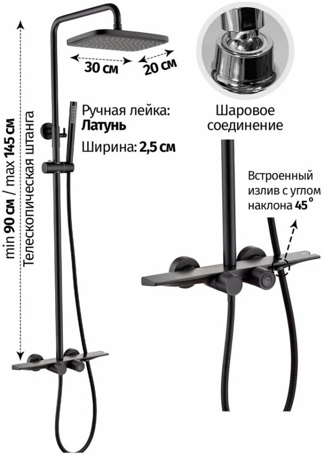 Душевая система с термостатом Grocenberg GB7038BL Черный матовый