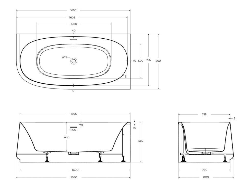 Ванна акриловая угловая правосторонняя 165х80 Cezares CZR-LUX-CORNER-165-80-58-R