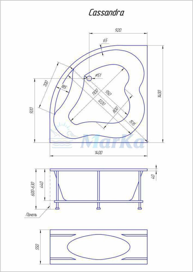 1 Marka Cassandra 140*140 ванна акриловая угловая