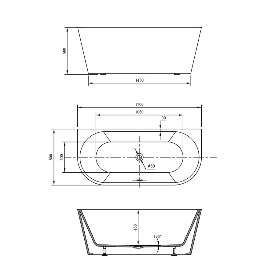 Vincea VBT-421-1700 ванна акриловая овальная 170 см белая