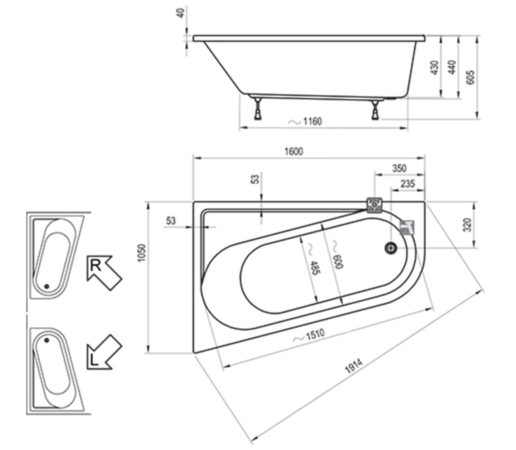 Ravak Chrome 160*105 L ванна акриловая асимметричная CA51000000