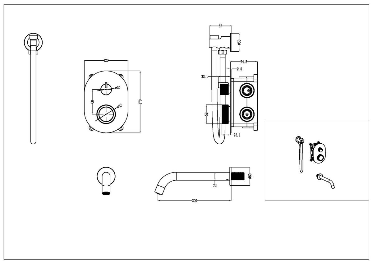 Boheme Tech Black Смеситель для душа встраиваемый + излив + держатель лейки + шланг 154-B