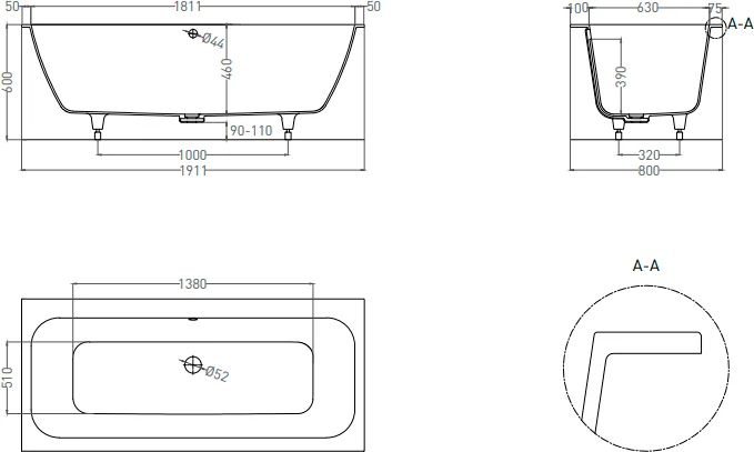 Salini Orlanda Axis S-Stone ванна прямоугольная 190х80 103221M