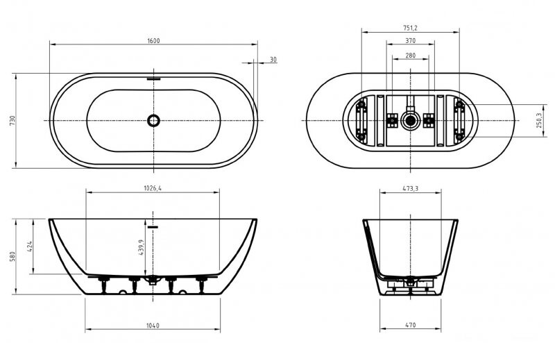 BelBagno Uno BB701-1600-730-K Акриловая ванна отдельностоящая овальная