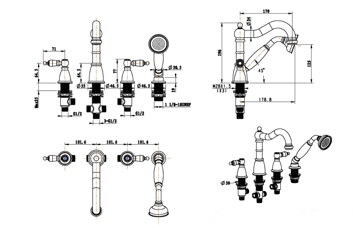 Смеситель врезной на 4 отв., на борт ванны Boheme Camelia Хром_Комплект 396-Camelia