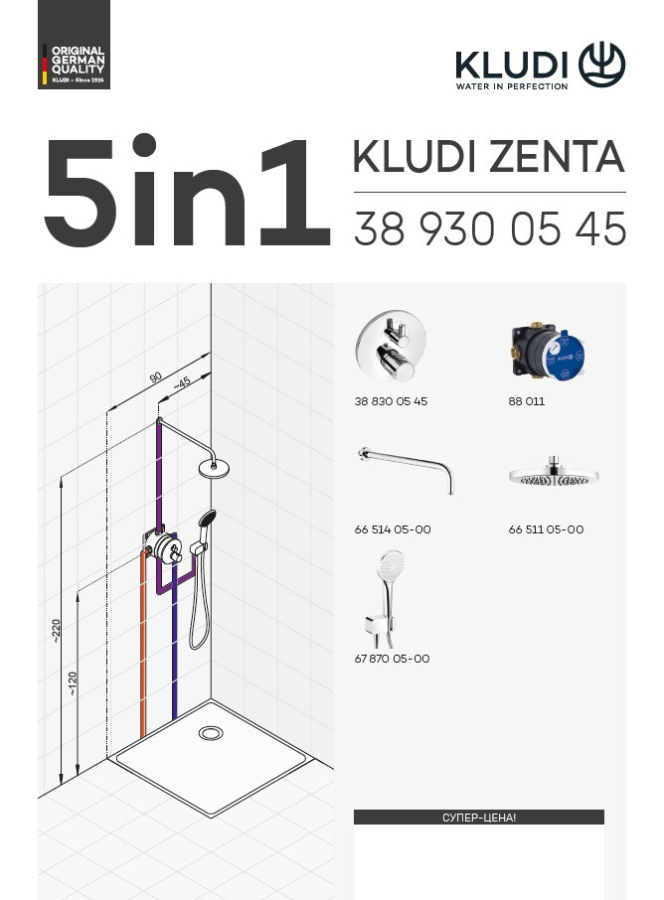 Kludi Zenta душевой комплект 5в1 с термостатом 389300545