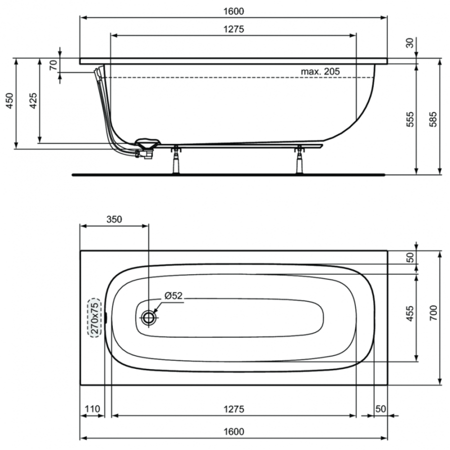 Ideal Standard i.life ванна акриловая прямоугольная 160х70 T475801