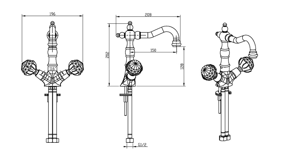 Смеситель для раковины высокий Boheme Imperiale Presente Золото с кристаллом Swarovski 332