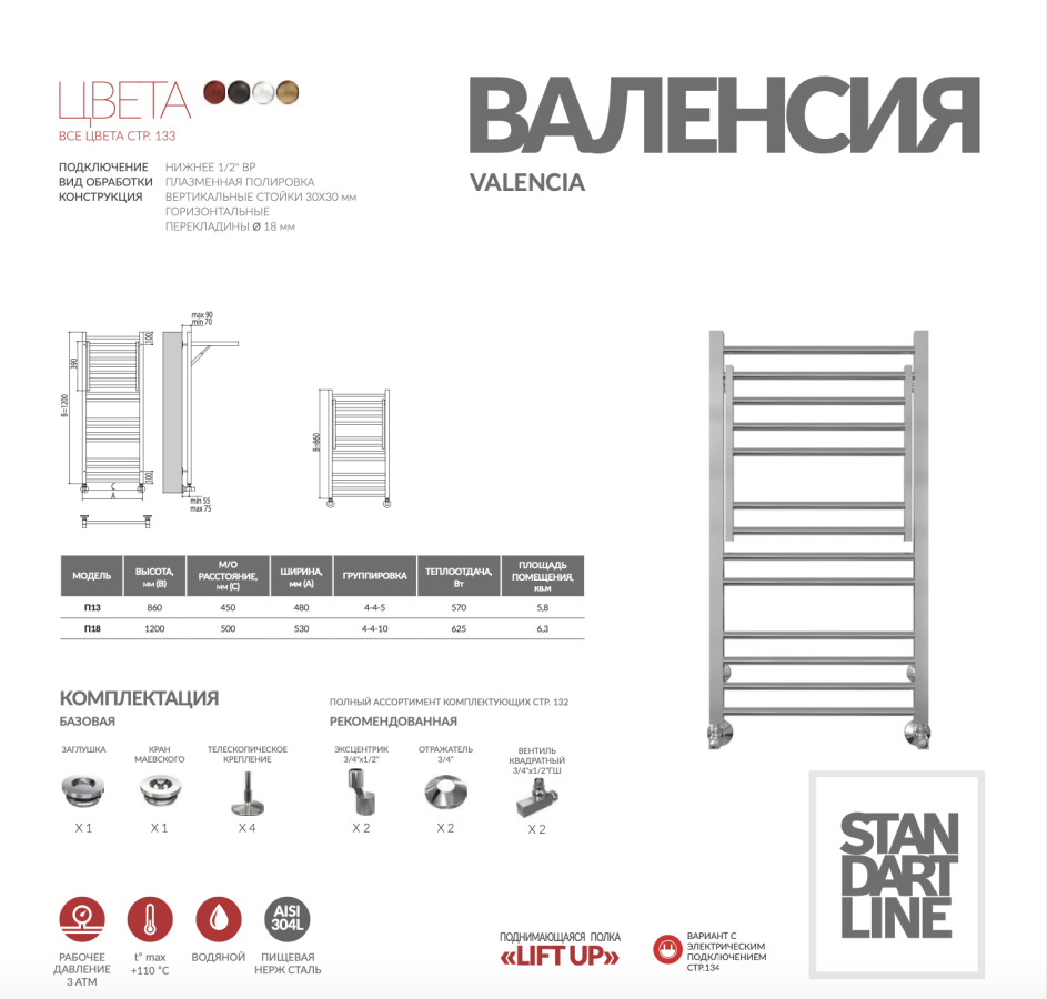 Terminus Валенсия П13 полотенцесушитель водяной откидная полка 500*1200