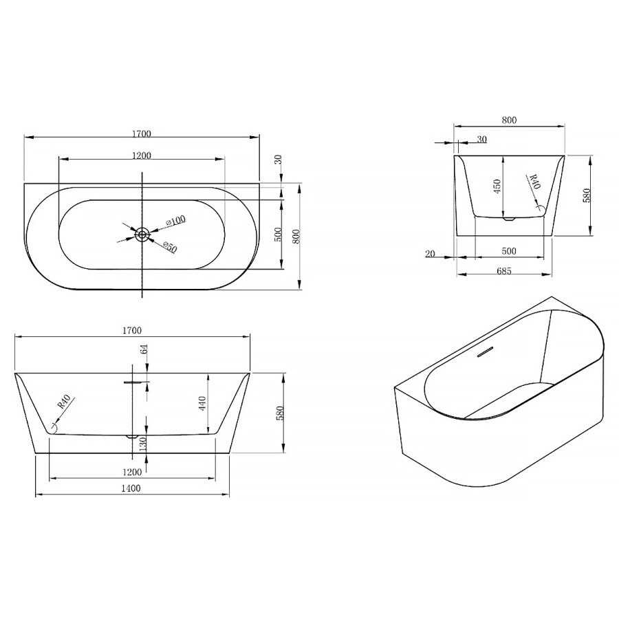 Ванна акриловая Azario Melado 1700х800х580, пристенная, в комплекте с сифоном и металлическими ножками, белый AZ-7005-17W