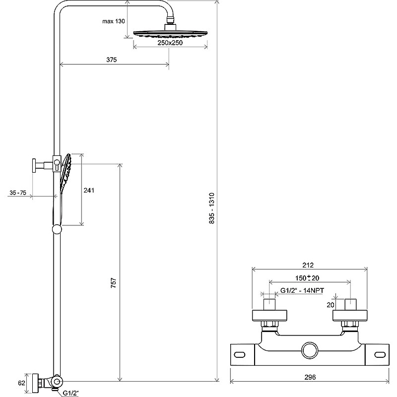 Ravak TE 093.00/150 Termo 300 Душевая система с термостатом хром X070164