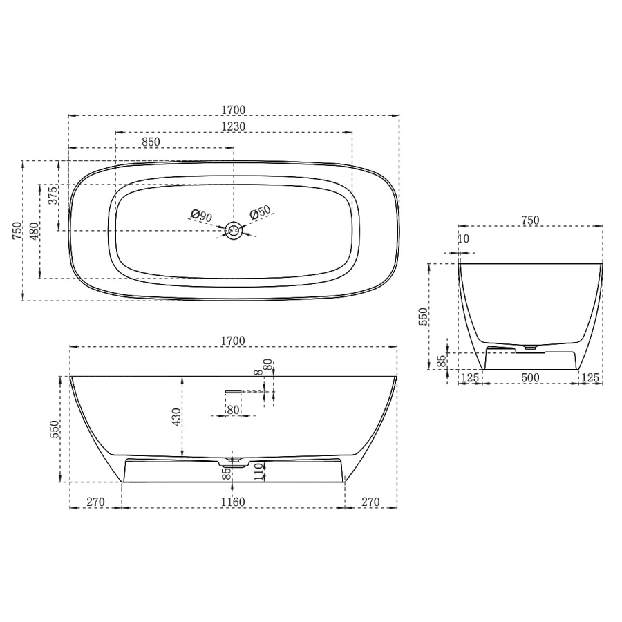 Vincea Solid Surface ванна 170х72 см белая матовая VBT-6S02MW