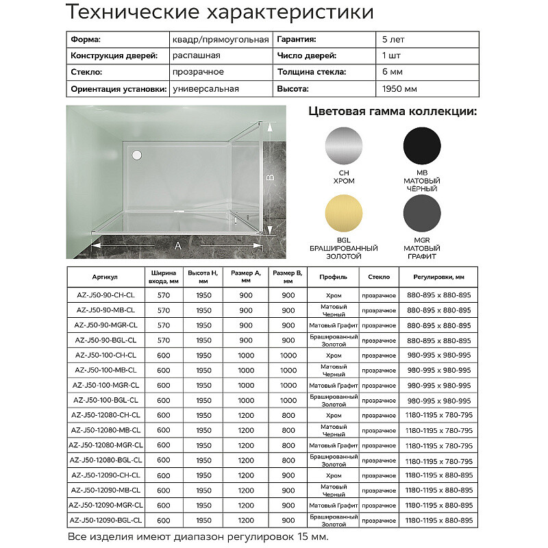 Душевое ограждение Azario Мале 1200х800х1950 прозрачное стекло 6 мм, профиль хром AZ-J50-12080-CH-CL