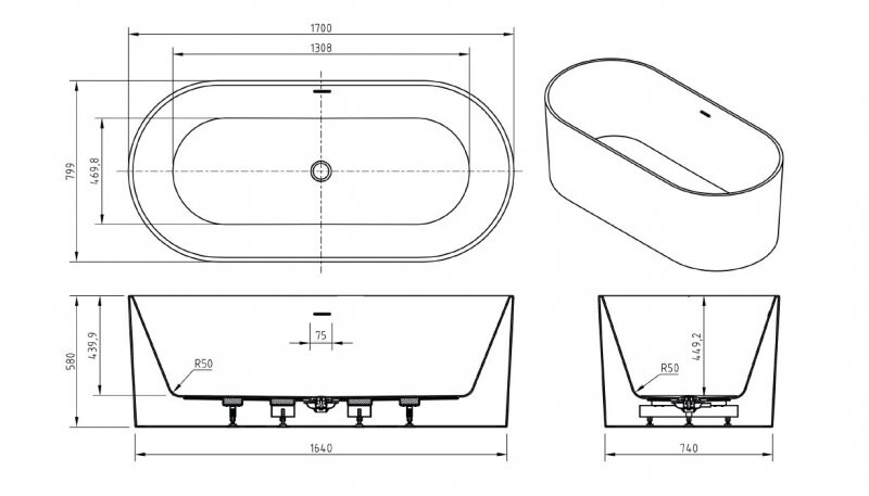 BelBagno BB705-1700-800 Акриловая ванна отдельностоящая овальная