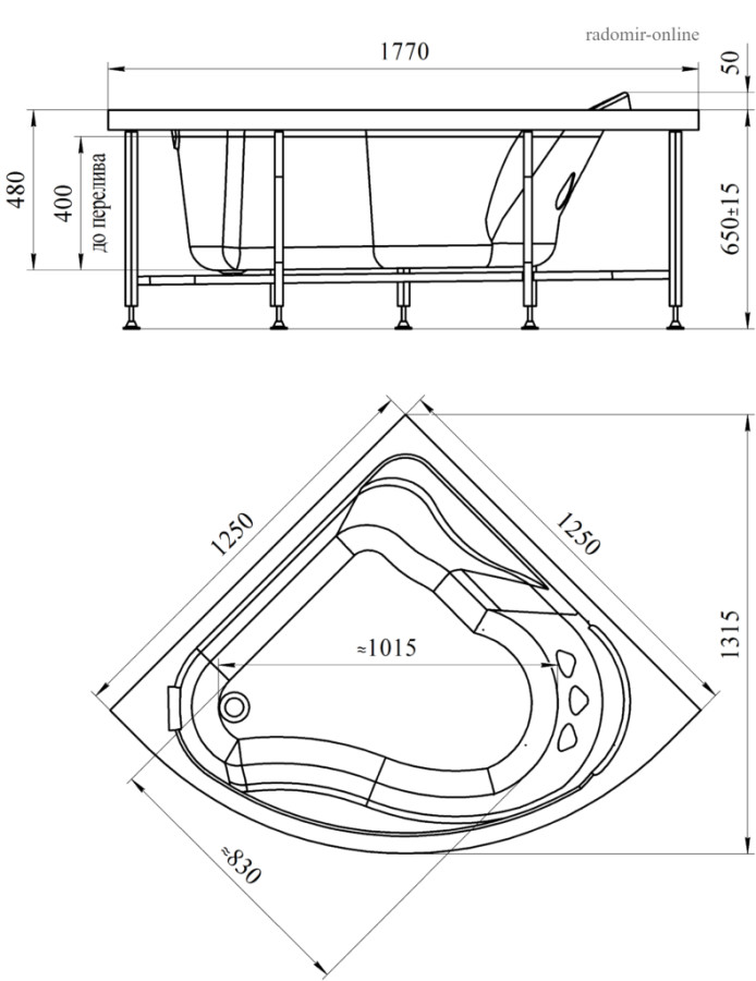 Wachter Альтея 125x125 см ванна акриловая угловая с гидромассажем и фронтальной панелью хром