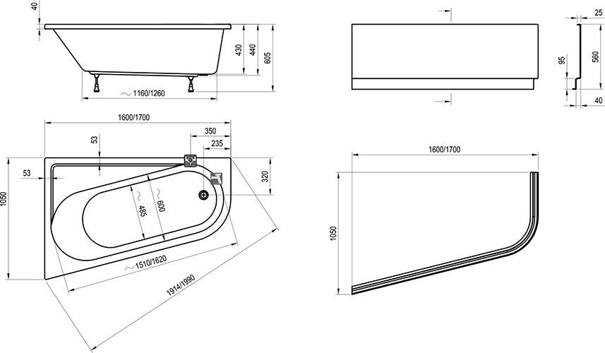 Ravak Chrome 170*105 R ванна акриловая асимметричная CA41000000