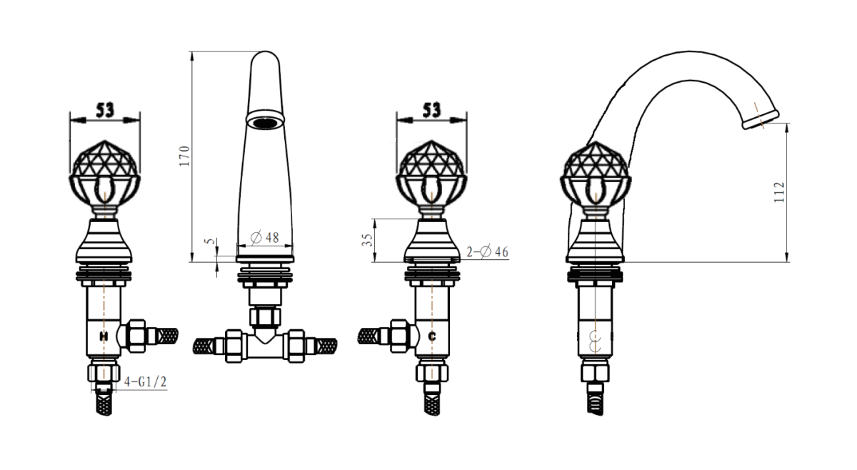 Смеситель для раковины на 3отв. Boheme Imperiale Presente Золото с кристаллом Swarovski 337