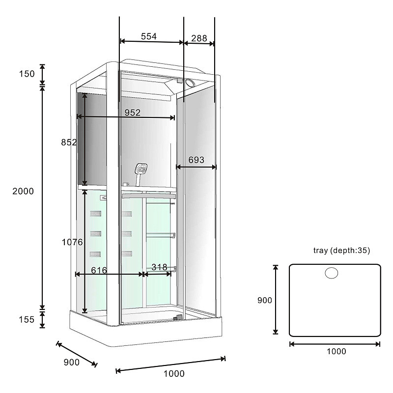 Душевая кабина Loranto CS 126-3A R 90*100*235 правосторонняя, прозрачное стекло 6 мм., профиль черный 00054488