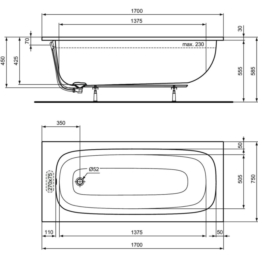 Ideal Standard i.life ванна акриловая прямоугольная 170х75 T476001