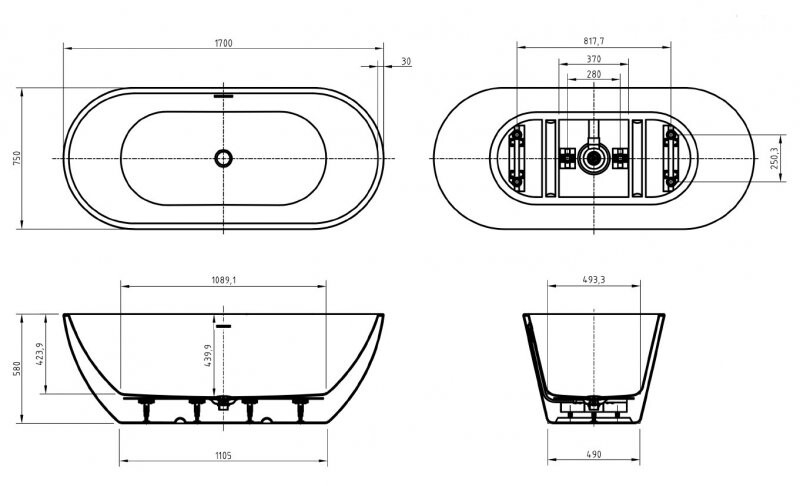 BelBagno Uno BB701-1700-750-K Акриловая ванна отдельностоящая овальная