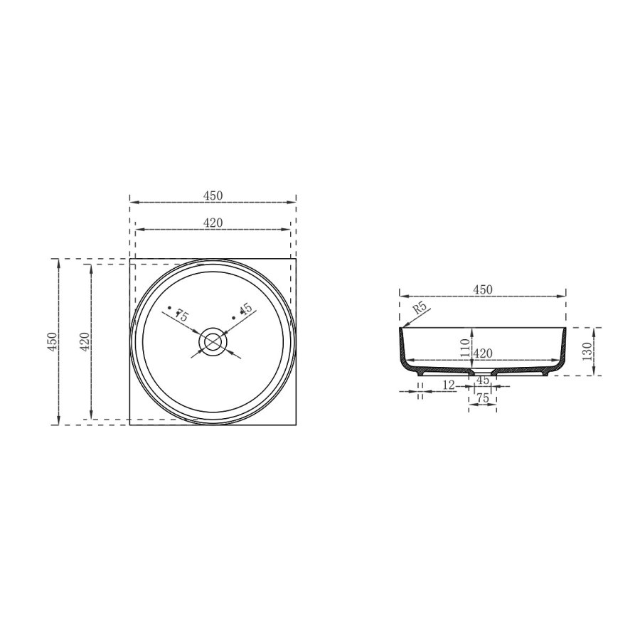 Vincea Solid Surface раковина 45х45 см накладная VBS-6S16MW